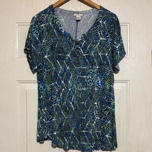 Westbound Blue and Green Geometric Short Sleeve‎ Top